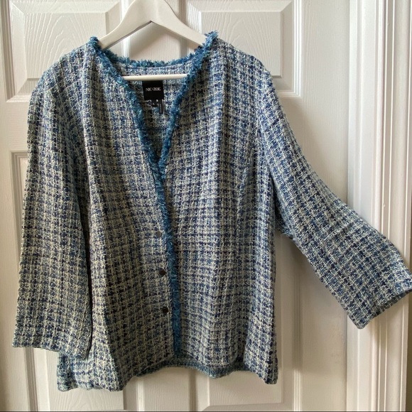 Nic & Zoe Fringe-Trimmed Cardigan XL Blue Tweed 3/4 Sleeves - Picture 3 of 6